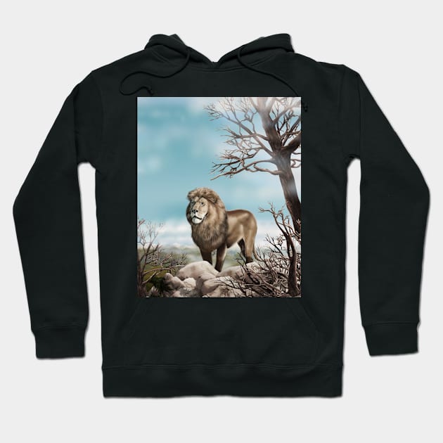 Lion king a wild animal. Wild African lion in nature. Retro style. Realistic Oil painting illustration. Wildlife ART Hand Drawing Hoodie by sofiartmedia